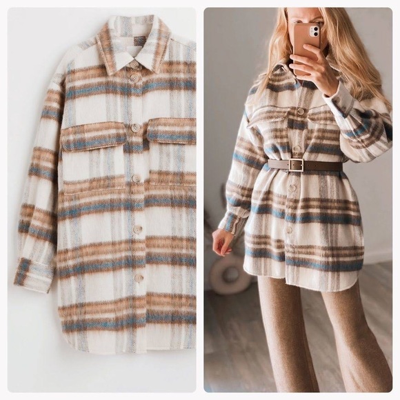 H&M Beige Plaid Wool Blend Oversized Shacket Coat - Picture 8 of 11